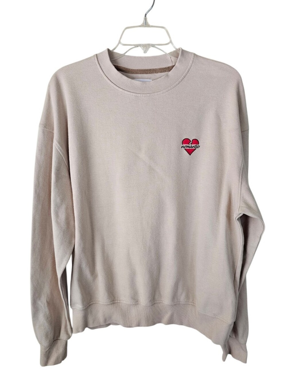 Beyond Closet Men's Beige Heart Embroidered Crewneck Sweater